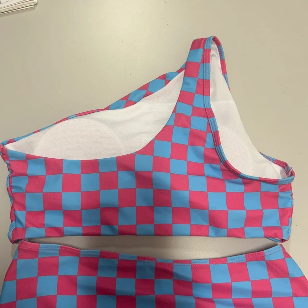 Pink Blue Checkered One Shoulder High Waisted Bikini Set Two Piece Swimsuit L